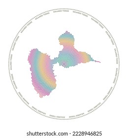 Grande-Terre round logo. Digital style shape of Grande-Terre in dotted circle with island name. Tech icon of the island with gradiented dots. Appealing vector illustration.