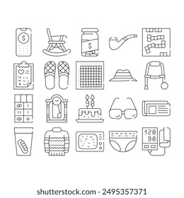 Grandfather Accessory Collection Icons Set Vector. Grandfather Glasses And Tv, False Jaw In Cup And Sweater, Newspaper And Hat, Domino And Bingo Concept Linear Pictograms. Black Contour Illustrations