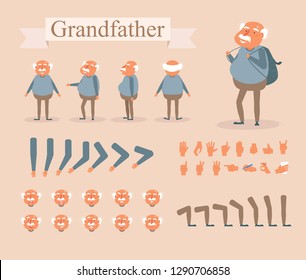 Grandfather for animation. Poses front, rear, side, three quarter. Creation set. Collection of emotions. Vector. Cartoon. Isolated art on white background. Flat Different positions of hand