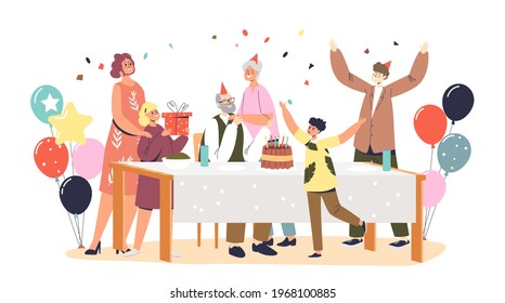 Grandfather birthday celebration with big family at holiday dinner greeting happy granddad with cake and gifts. Anniversary concept. Cartoon flat vector illustration