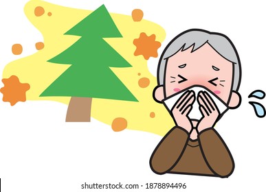 Grandfather blowing his nose with hay fever