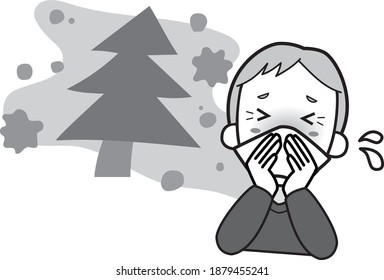 Grandfather blowing his nose with hay fever