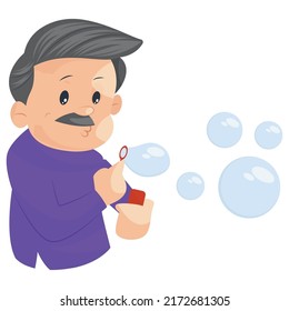 Grandfather is blowing soap bubbles. Vector graphic illustration. Individually on a white background.