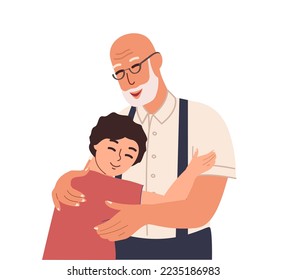 Grandfather and boy child hugging together.Love of grandpa,grandparent and grandchild.Elderly man support grand son.Happy granny and kid,warm hugs.Flat vector illustration isolated on white background