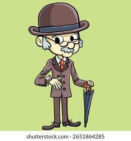 grandfather in a brown suit with an umbrella shows us the time on his wrist watch