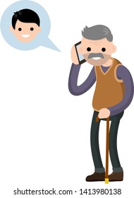 Grandfather call grandson on phone. Talk old Senior man and boy. Communication generations. Family and friendship. Cartoon flat illustration