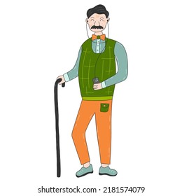 Grandfather with a cane holds a smartphone in his hands and listens to music in headphones. Elderly people and technology. Colorful vector isolated illustration hand drawn