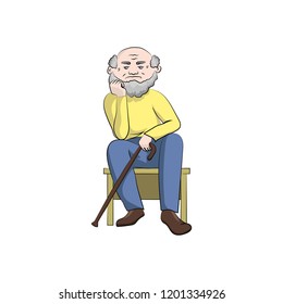 A grandfather with a cane sits and thinks. Vector color illustration