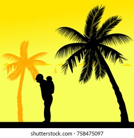 Grandfather carrying a child piggyback on the beach, one in the series of similar images silhouette