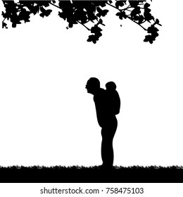 Grandfather carrying a child piggyback in park, one in the series of similar images silhouette