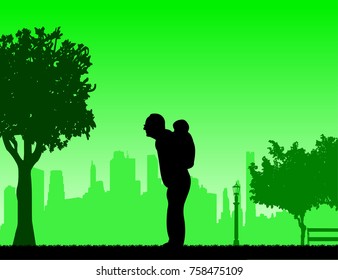 Grandfather carrying a child piggyback in park, one in the series of similar images silhouette