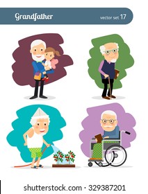 Grandfather cartoon vector character. Elderly man in wheelchair and hearty old man
