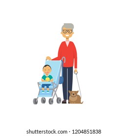 grandfather with cat and baby grandchildren in stroller, multi generation family, full length avatar on white background, successful family concept, tree of genus flat cartoon design vector