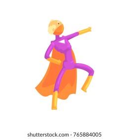 Grandfather character in comics superhero suit with orange cape and mask. Cartoon elderly man with super powers in action. Isolated flat vector