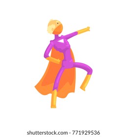 Grandfather character in comics superhero suit with orange cape and mask. Cartoon elderly man with super powers in action. Isolated flat vector