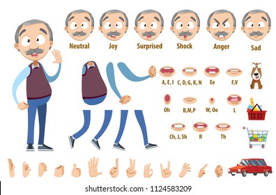 Grandfather Character Constructor For Animation And Custom Illustrations. Character Creation Set With Face Emotions, Lip Sync And Poses. 
Parts Of Body Template For Design Work And Animation.
