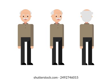Grandfather character. Poses front, side, back. Flat design, isolated on white background. Vector illustration