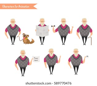 Grandfather character for scenes. Funny Old Man cartoon. 