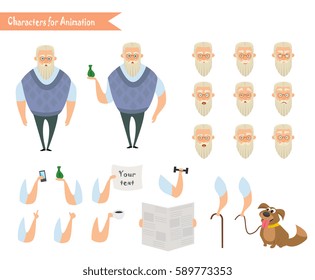 Grandfather character for scenes. Parts of body template for animation. Funny Old Man cartoon. Emoji face icons 