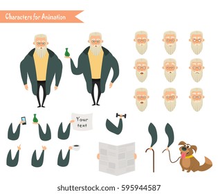 Grandfather character for scenes. Parts of body template for animation. Funny Old Man cartoon. Emoji face icons