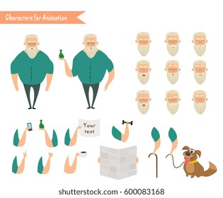 Grandfather character for scenes. Parts of body template for animation. Funny Old Man cartoon. Emoji face icons