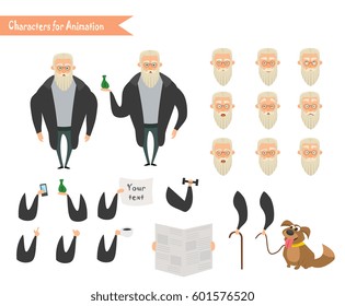 Grandfather character for scenes. Parts of body template for animation. Funny Old Man cartoon. Emoji face icons