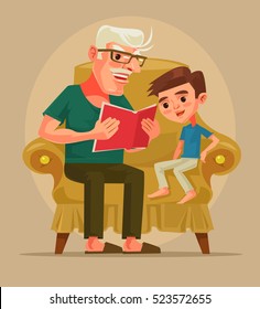 Grandfather character sit with grandson and read book story. Vector flat cartoon illustration