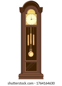 Grandfather clock in cartoon style. Vintage object isolated on white background.