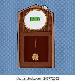 Grandfather clock with digital LCD face and mouse on top