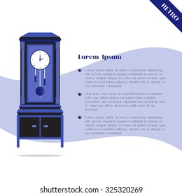 Grandfather clock with pendulum, flat design background with place for text. Good for banner, card, poster. Old vintage clock in blue color. Retro object. Vector illustration.