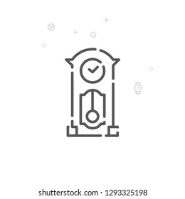 Grandfather Clock Vector Line Icon. Antique Clock With Pendulum Symbol, Pictogram, Sign. Light Abstract Geometric Background. Editable Stroke. Adjust Line Weight. Design With Pixel Perfection.