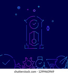 Grandfather Clock Vector Line Icon. Antique Clock With Pendulum Gradient Symbol, Pictogram, Sign. Dark Blue Background. Light Abstract Geometric Background. Related Bottom Border