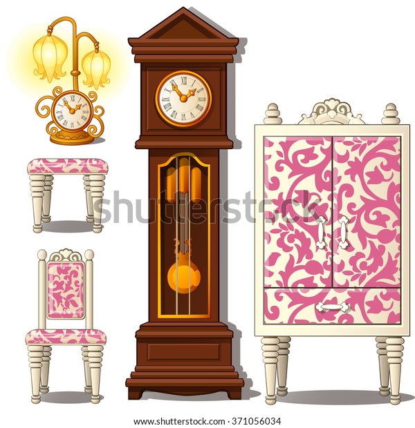 Grandfather clock and vintage furniture \
isolated on a white background. Vector\
illustration.