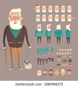 Grandfather collection builder, emotion set with sleepy head wearing Santa Claus hat, granddad walking dog holding wooden stick vector illustration