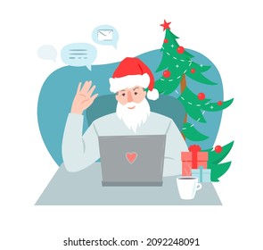 Grandfather communicates with his family via the Internet. Online communication at Christmas. Grandpa is at his laptop. Vector illustration on a white background.