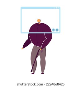 Grandfather communicating via computer window with family. Male cartoon character having online video call during pandemic flat vector illustration. Remote online meeting concept