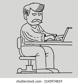 Grandfather at the computer. Person working at the table on the computer. Work at home. Office workplace. Humans work online. Business and career.