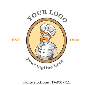 Grandfather cook logo for cafe or home cooking restaurant. Pastry and bakery logotype. Colorful chef portrait