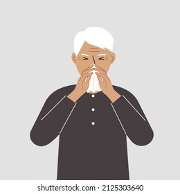 A grandfather covers his nose with his hands with a handkerchief. The concept of a sick person, sneezing, seasonal allergies, bad smell. Vector flat illustration.