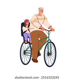 Grandfather cycling, carrying kid in baby seat, happy ride. Elderly old man, granddad and girl child travel on bicycle. Family on bike trip. Flat vector illustration isolated on white background