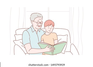 Grandfather day, grandparent, childhood concept. Grandpa and grandson reading a book together or watch a family photo album. Old man holding his grandchild. Simple flat vector.