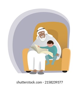 Grandfather day, grandparent, childhood concept. Grandpa in dishdash and grandson reading a book together or watch a family photo album. Old man holding his grandchild. Simple flat vector.
