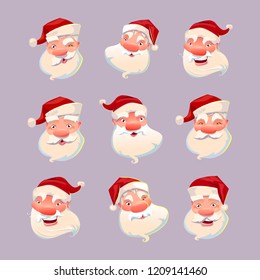 Grandfather emoticons set, head of grandpa wearing red Santa Claus hat, bearded old man, Christmas holidays emoji collection vector illustration