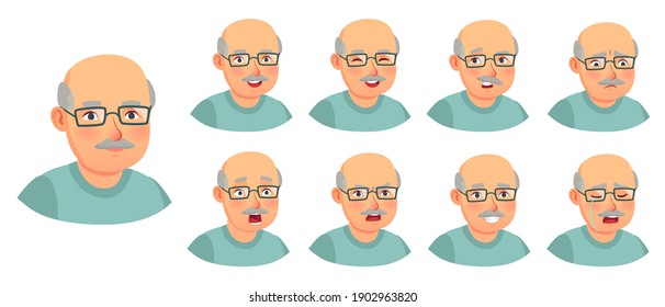 Grandfather emotions set. Character senior doubt, elder adult face, granddad or father surprise emotion. Vector illustration