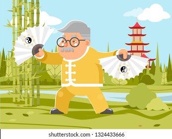 Grandfather fan chinese wushu kungfu taichi fitness china healthy activities adult old age man asian character cartoon nature background flat design vector illustration