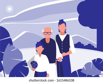 Grandfather father and son in front of landscape design, Family relationship generation lifestyle person character friendship and portrait theme Vector illustration