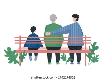 Grandfather, father and son are sitting on a bench with their backs. Three generations. Father's day. svg