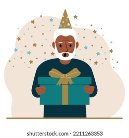 A grandfather with a festive cap holds a large gift box with a bow. Vector flat illustration