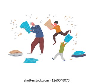 Grandfather fighting pillows with his grandsons and have fun at home. Isolated on white background. Vector illustration