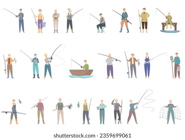 Grandfather fishing icons set cartoon vector. Man nature. Travel time